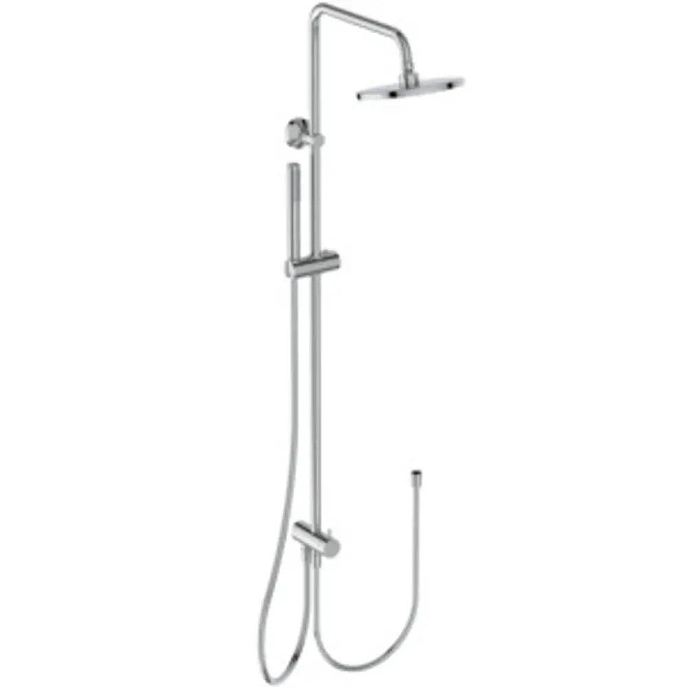Duschsystem von Ideal Standard mit Kopf- und Handbrause, verchromter Oberfläche, montiert an der Wand. Bedienung über thermostatische Armatur.